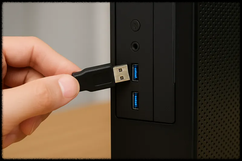 사용자가 데스크탑 본체의 USB 포트에 USB를 연결하는 모습