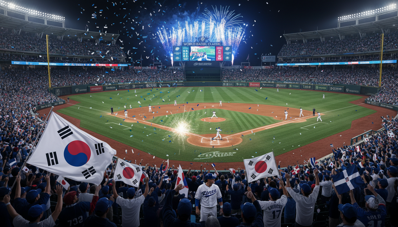 전 세계 야구팬들이 2026 WBC 경기장에서 뜨겁게 응원하는 모습과 한국 국가대표팀 선수가 역동적으로 타격하는 장면