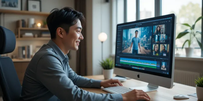 AI 영상 편집을 하며 미소 짓는 남성