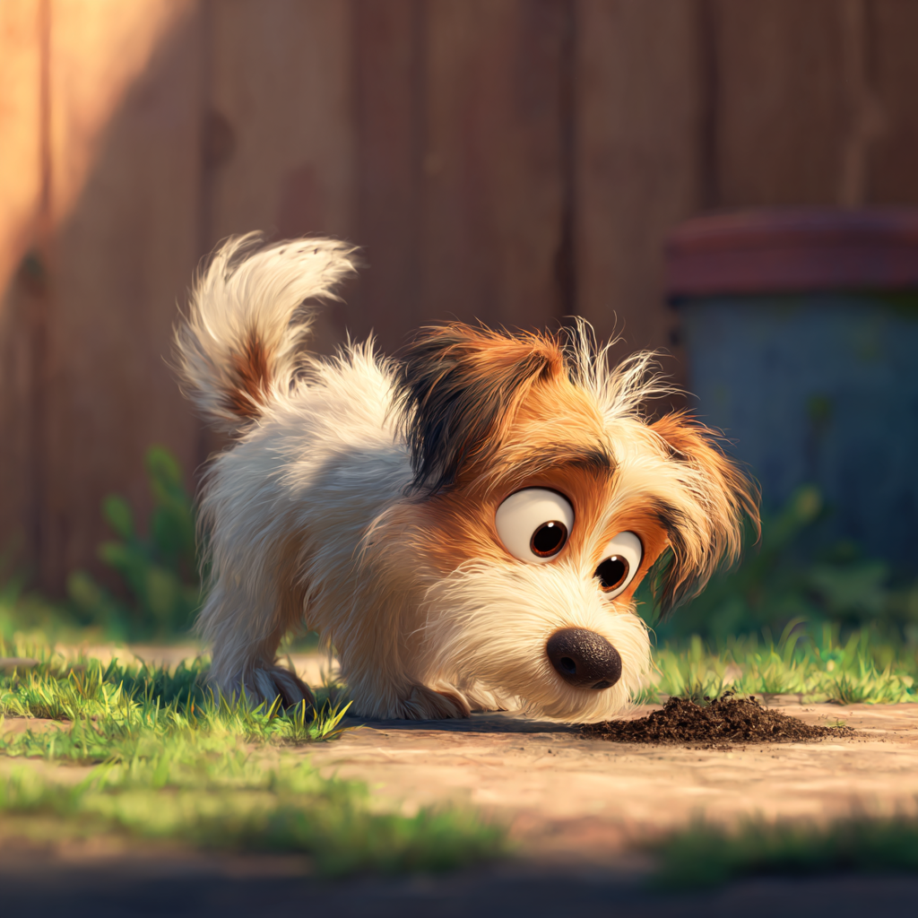 호기심어린눈으로 똥을 바라보는 강아지, 픽사스타일 일러스트