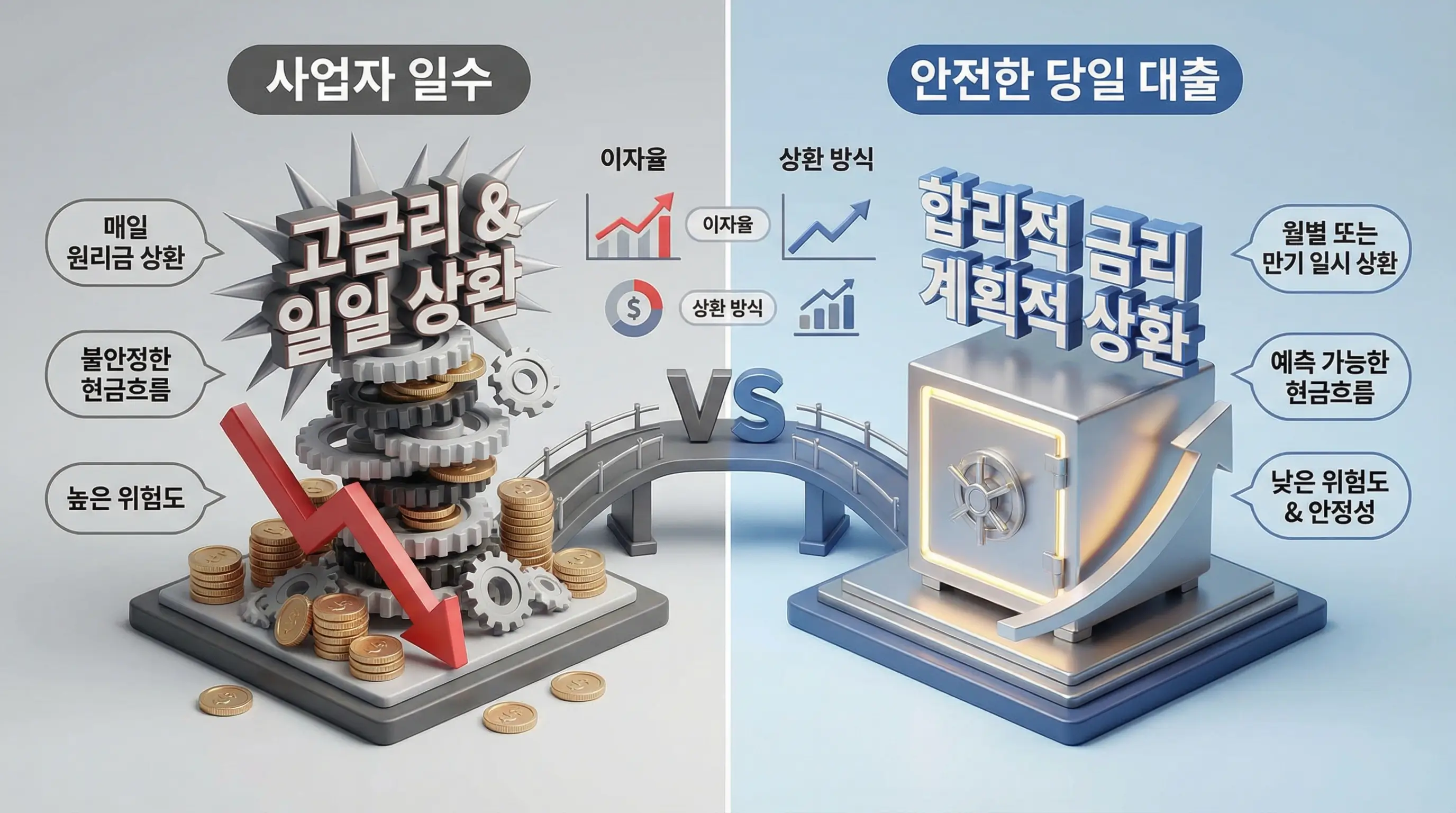 사업자 일수와 안전한 당일 대출의 이자율 및 상환 방식을 비교하는 3D 인포그래픽