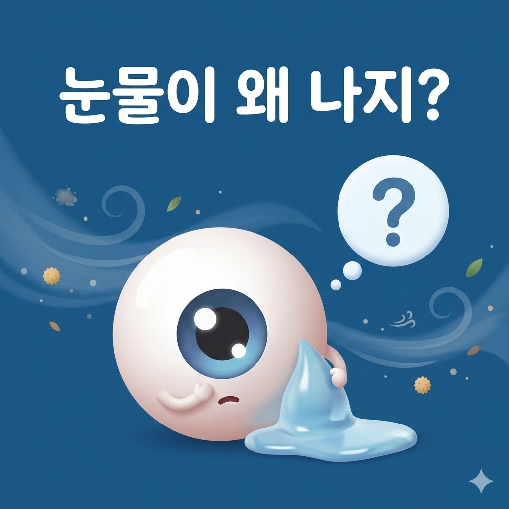 눈물이 흐르는 귀여운 눈 캐릭터, 눈물 과다 원인에 대한 궁금증을 표현하는 3D 카툰 일러스트.