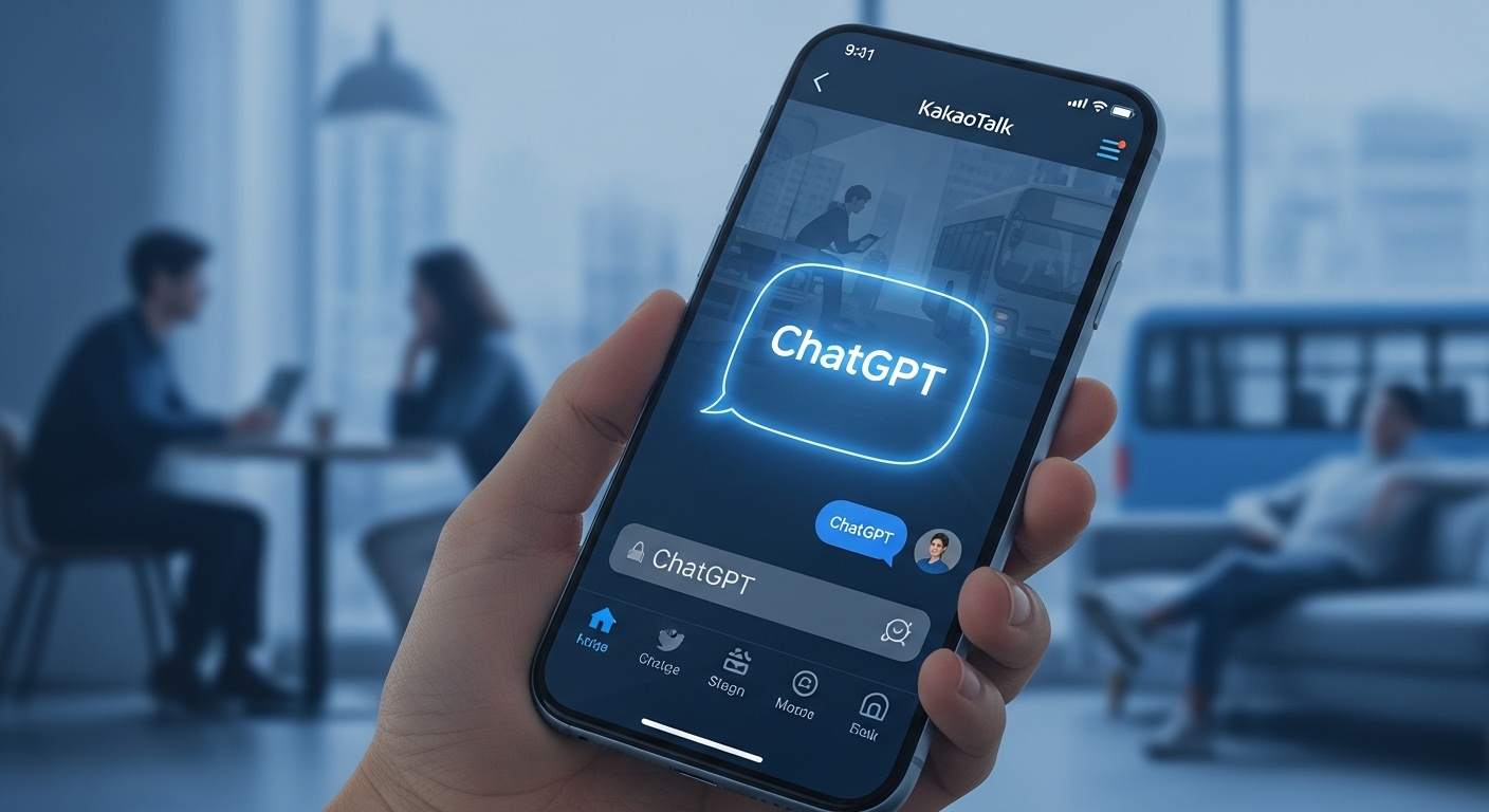 카카오톡 채팅 화면에 ChatGPT 로고가 통합되어 AI 비서 기능이 활성화된 스마트폰 모습. 일상에서 AI를 쉽게 활용하는 편리함을 강조합니다.
