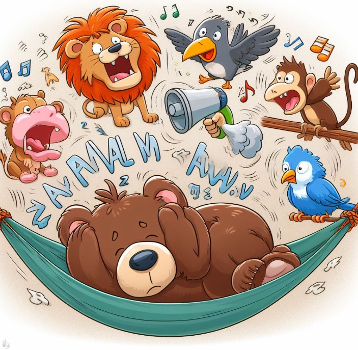 너무 시끄러워 곰이 귀를 막는 모습