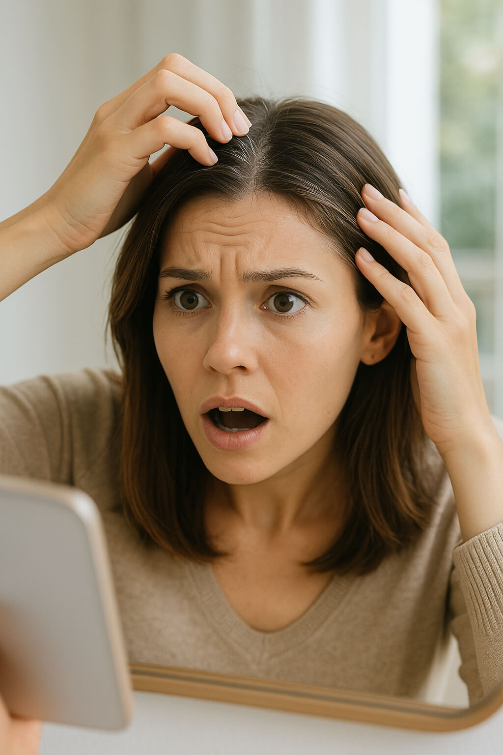 흰머리를 발견하고 놀라는 젊은 여성의 모습(출처**자체제작)