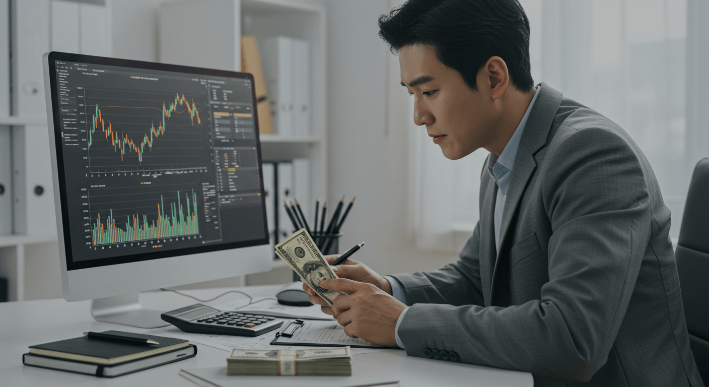 한국인이 환전과 세금 문제를 고민하며 달러와 계산기를 보는 모습 1