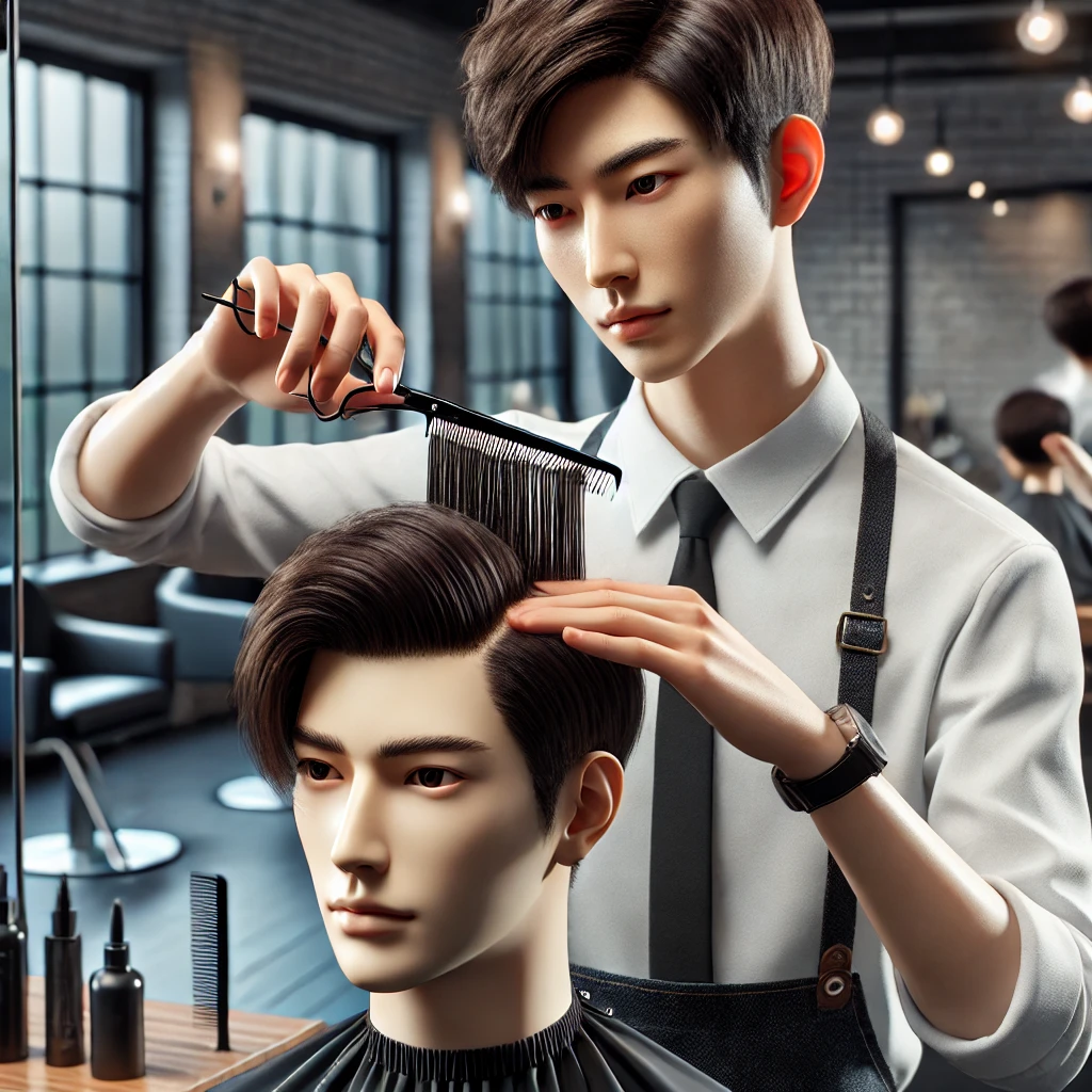 미용사가 현대적인 미용실에서 마네킹 머리를 정교하게 커트하며 집중하는 모습. 가위와 빗을 사용해 전문적인 기술을 연습하고 있음