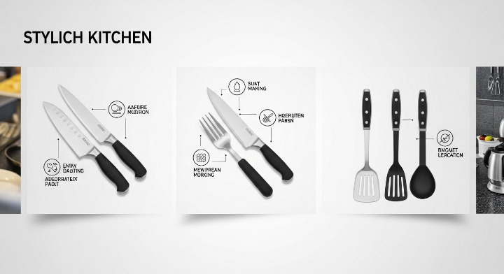 키친에서 사용하는 칼이 보이고 후라이팬에서 음식을 만들 때 사용하는 뒤집기용 도구도 보입니다.