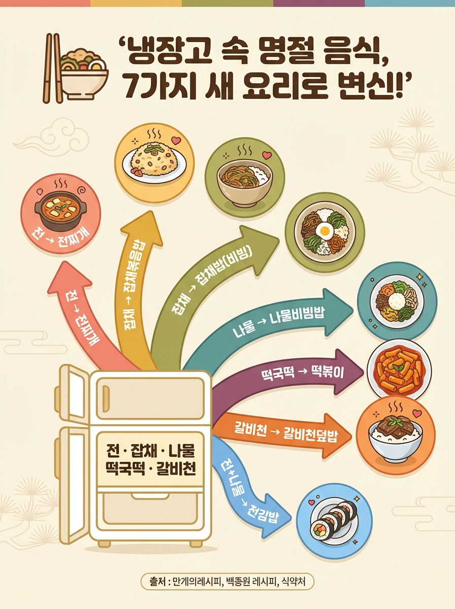alt="남은 명절 음식 7가지 활용 레시피 변신 맵 인포그래픽 - 냉장고 속 전 잡채 나물 떡국떡 갈비찜을 전찌개, 잡채볶음밥, 잡채밥비빔, 나물비빔밥, 떡볶이, 갈비찜덮밥, 전김밥으로 변신, 출처 만개의레시피 백종원 레시피 식약처"