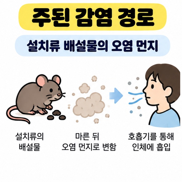 설치류의 소변과 분변에서 생긴 오염 먼지를 통해 한타바이러스에 노출되는 경로를 보여주는 카드