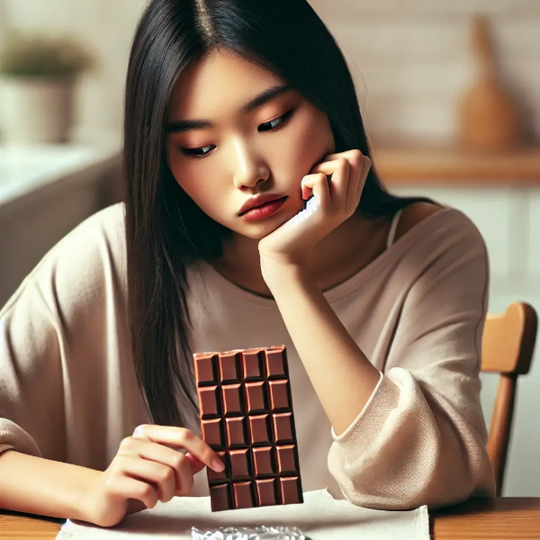 초콜릿을 바라보며 갈망하는 표정으로 주방 테이블에 앉아 있는 젊은 동양 여성