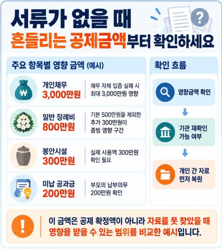 상속세 채무 공제에서 증빙이 없을 때 영향을 받을 수 있는 금액을 항목별로 비교해 서류 확보 순서를 정하는 예시