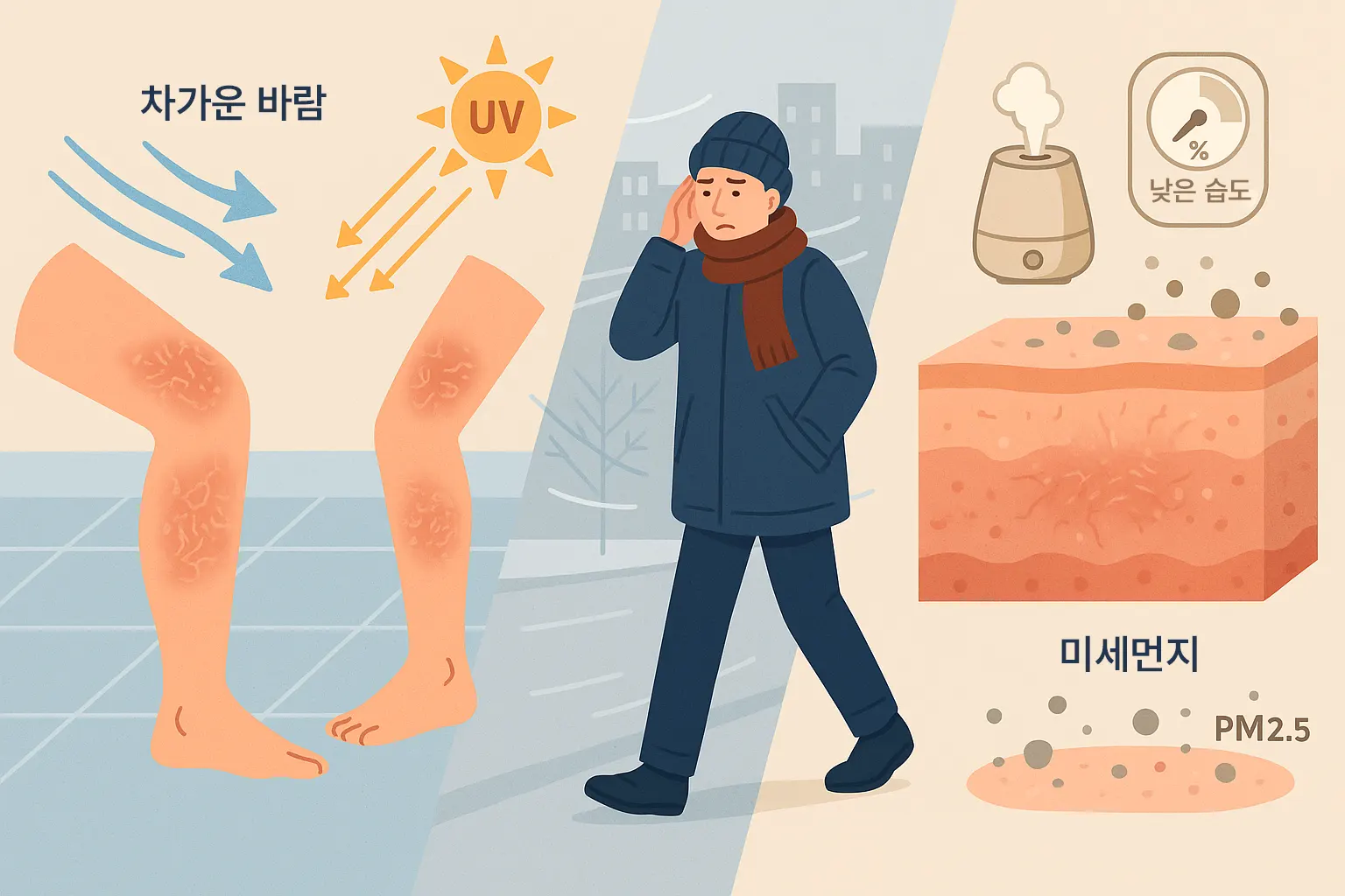겨울철 차가운 바람과 자외선에 노출된 팔과 다리, 바람이 강하게 부는 거리에서 외출 중인 사람, 실내 난방으로 건조해진 피부, 가습기와 습도계 아이콘, 미세먼지와 대기오염이 피부에 쌓인 모습