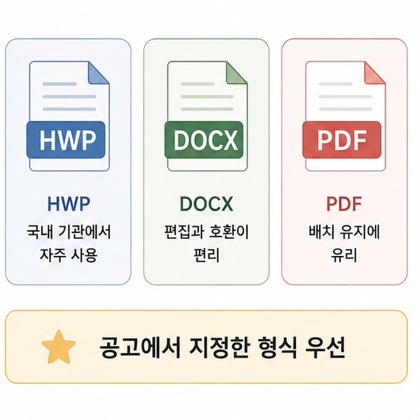 한글 HWP와 워드 DOCX, PDF 형식을 비교해 지원기업이 지정한 파일 형식이 있다면 해당 양식을 우선 사용해야 함을 보여 주는 그림