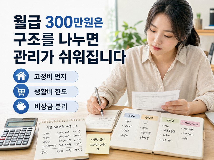 월급 300만원을 고정비, 생활비, 비상금으로 나누어 관리하는 예산 구조를 보여주며 돈 관리가 쉬워지는 방법을 설명하는 이미지입니다.