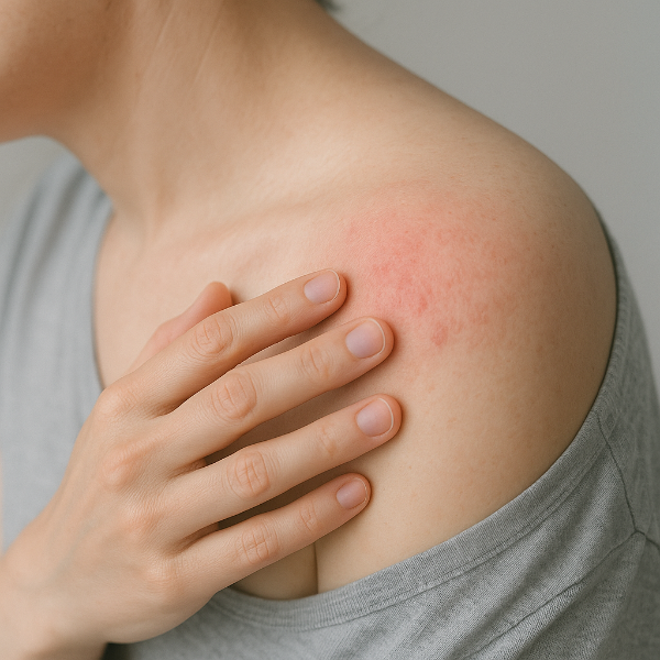 대상포진 수포가 올라오기 전 예민해진 피부 부위를 만지는 모습