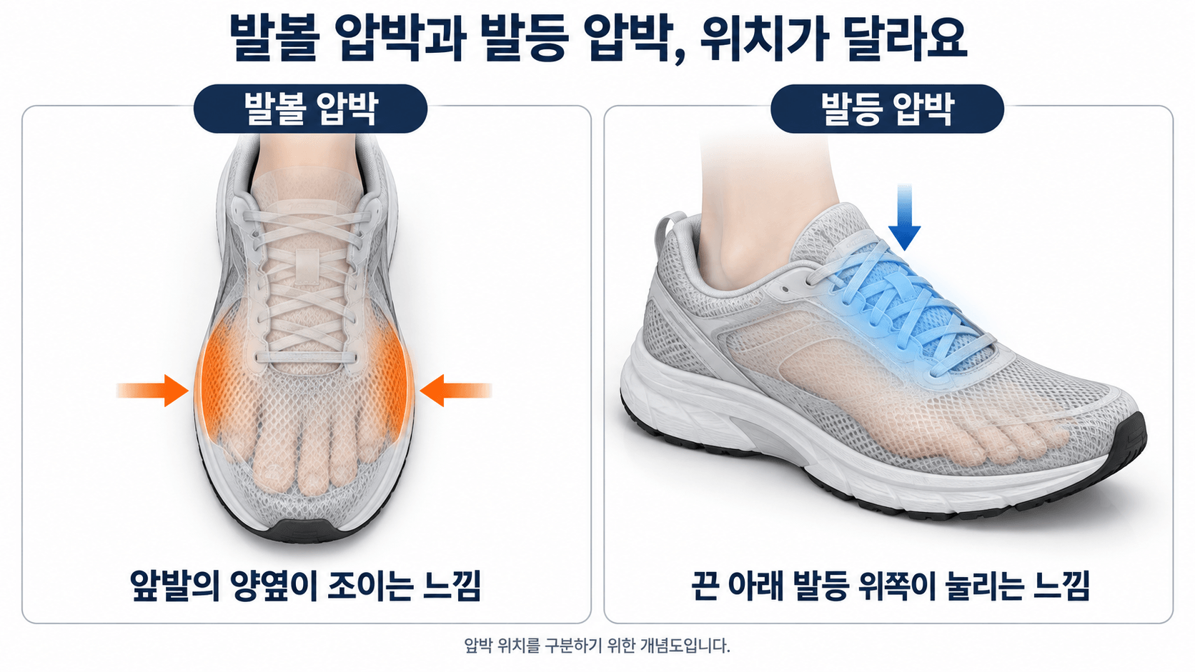 러닝화 앞발 양옆의 발볼 압박은 주황색으로, 끈 아래 발등 위쪽의 압박은 파란색으로 구분한 개념도.