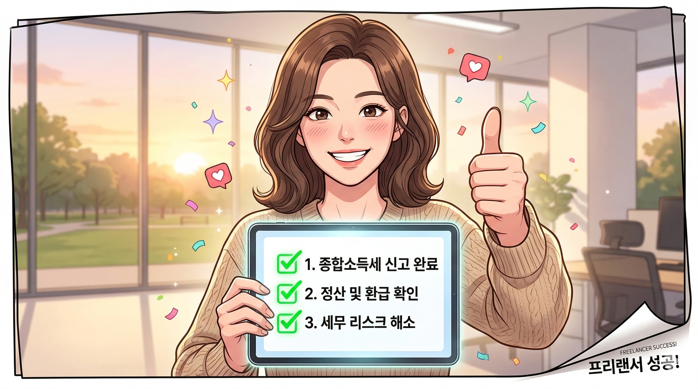 신고 완료 체크리스트를 들고 기뻐하는 프리랜서