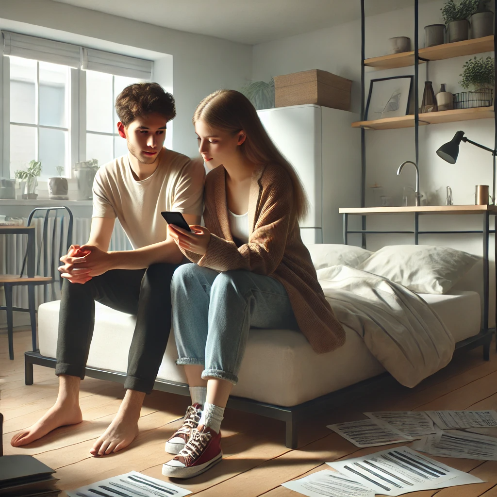 원룸 침대에 앉아 월세와 예산을 논의하는 20대 커플의 모습