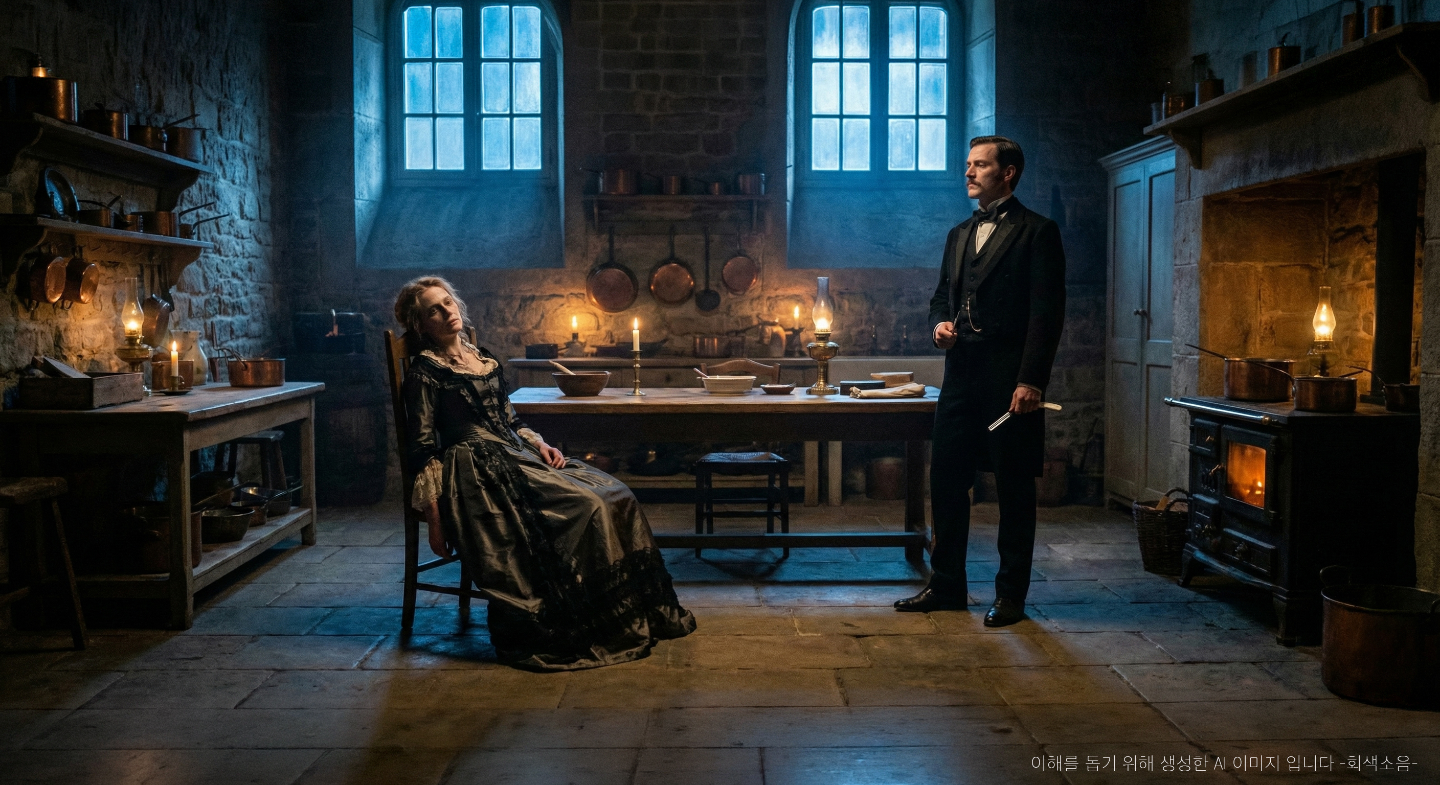 백야의 부엌, 추락한 귀족 : 백야의 푸른 새벽빛이 스며드는 19세기 저택 지하 부엌에서, 무너진 귀족 여인(줄리)은 의자에 앉아 있고 면도칼을 든 하인(장)이 차가운 푸른빛과 따뜻한 불빛 사이에서 긴장감 있게 서 있는 비극적 장면.