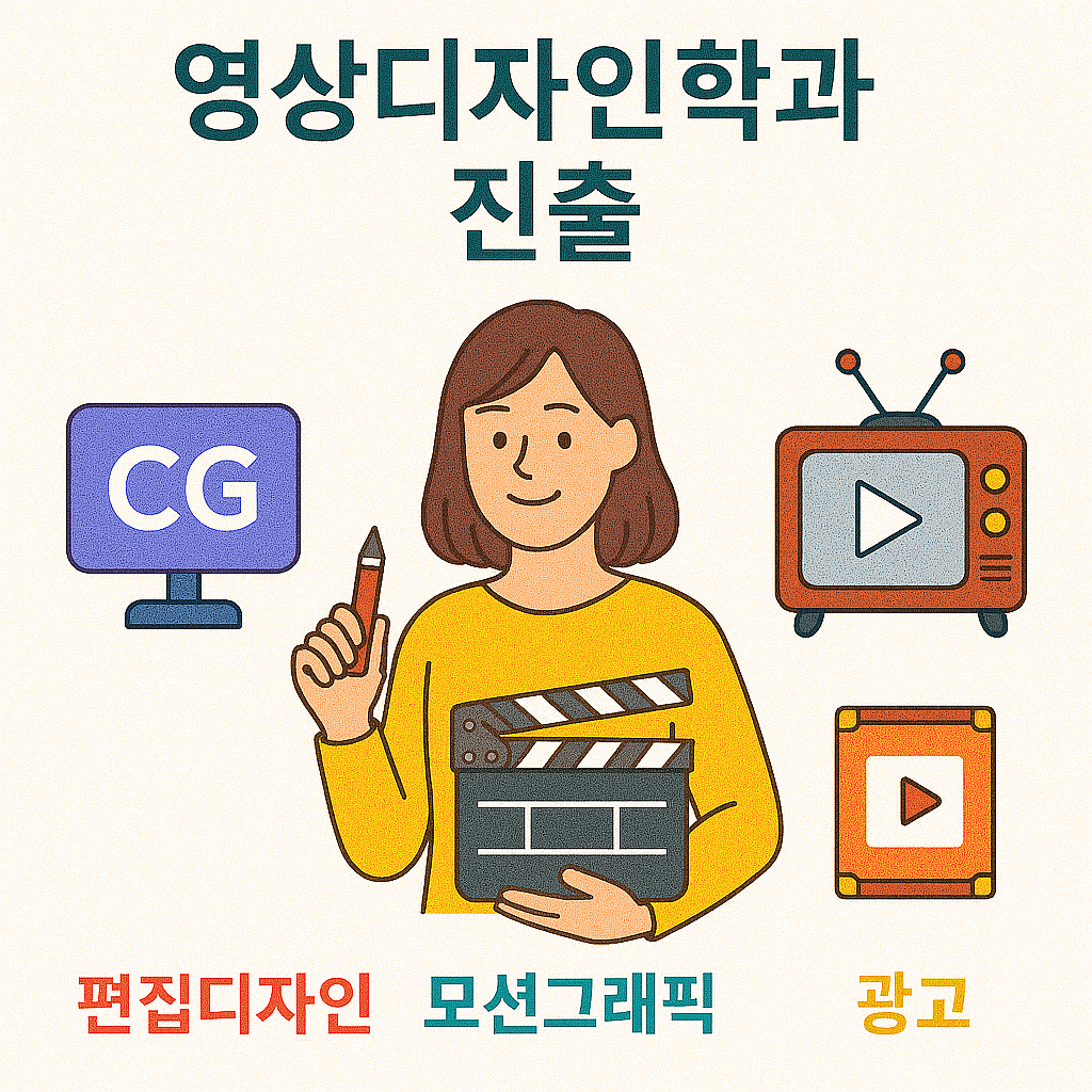 영상디자인학과 진출 포스터로, CG, 모션그래픽, 광고 분야를 선명한 색감과 아이콘으로 나타낸 밝은 일러스트. 중앙에는 촬영 장비를 든 여성이 배치되어 있음.]