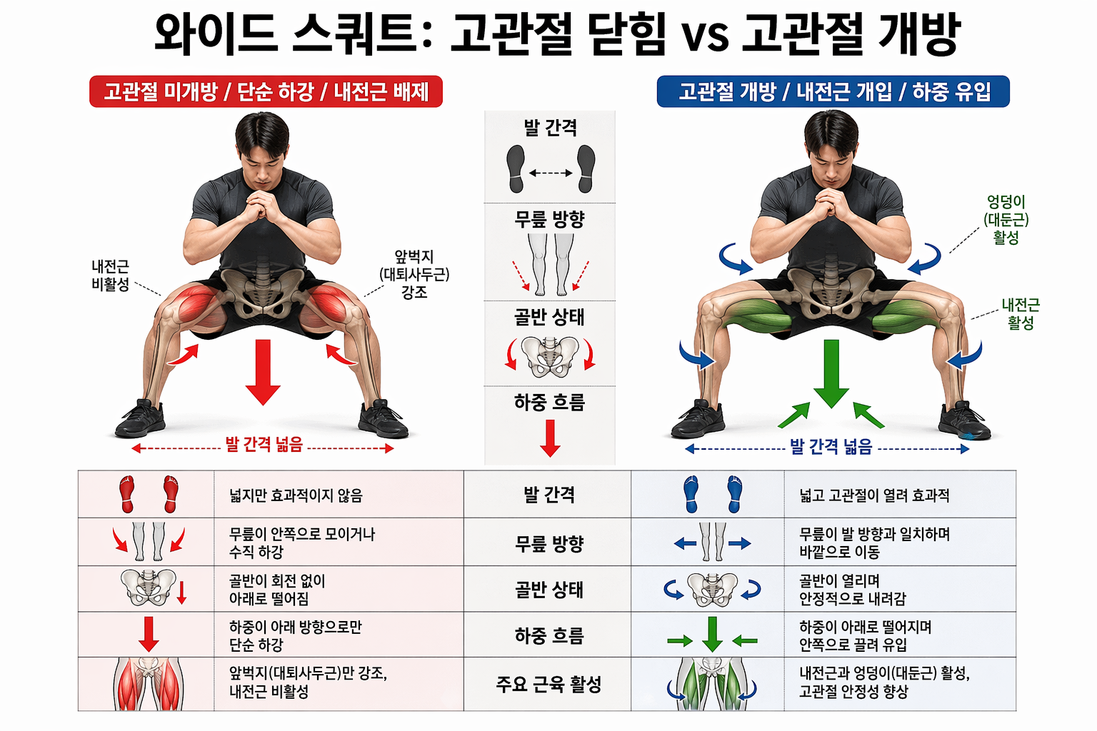 “와이드 스쿼트: 고관절 닫힘 vs 고관절 개방”