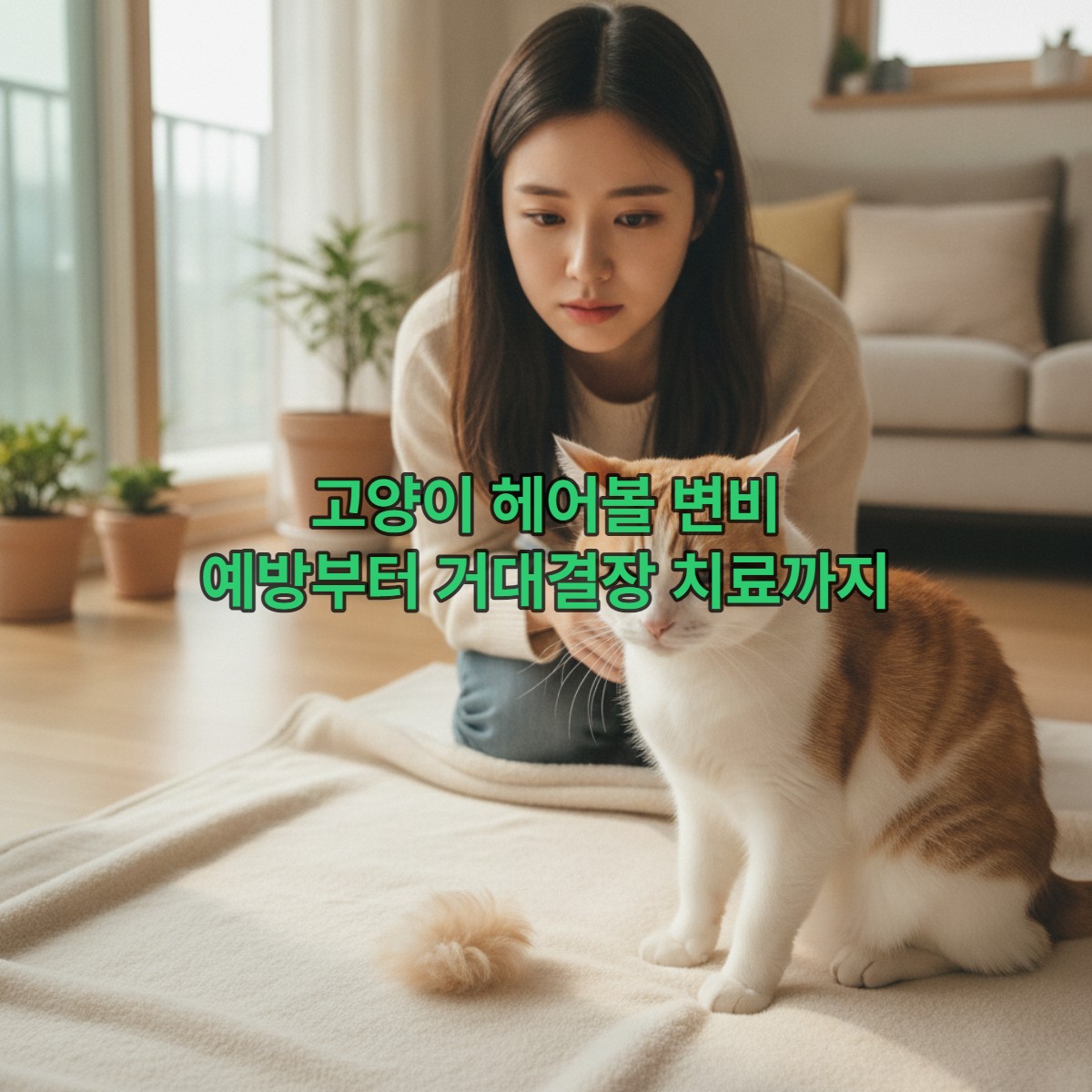 헤어볼 변비로 인해 다소 불편해 보이는 고양이를 걱정스럽게 바라보는 보호자.