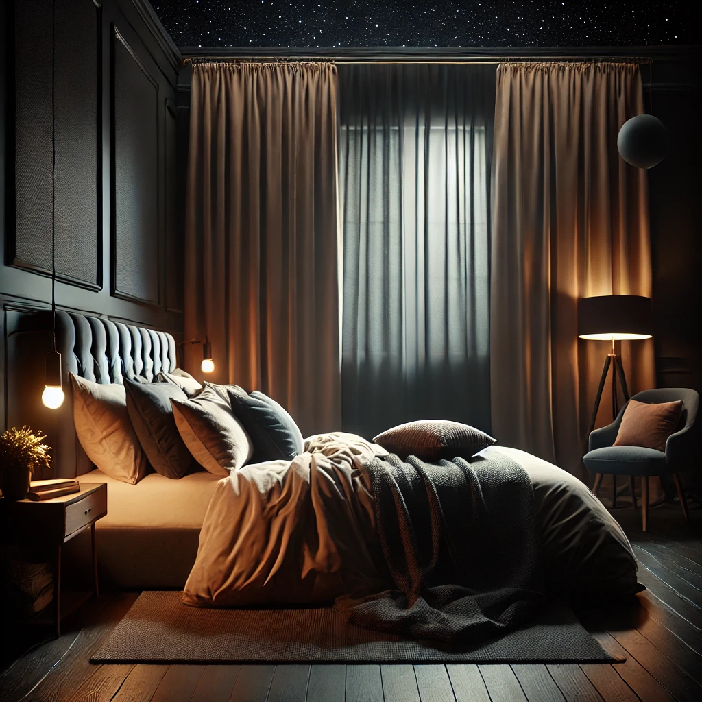 암막 커튼과 편안한 침실을 강조한 장면