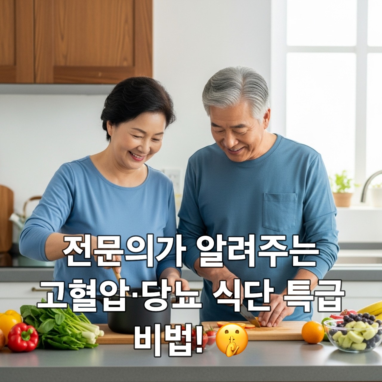 가정의학과 전문의가 추천하는 건강 식단으로 고혈압과 당뇨를 관리하는 행복한 한국인 시니어 부부의 모습