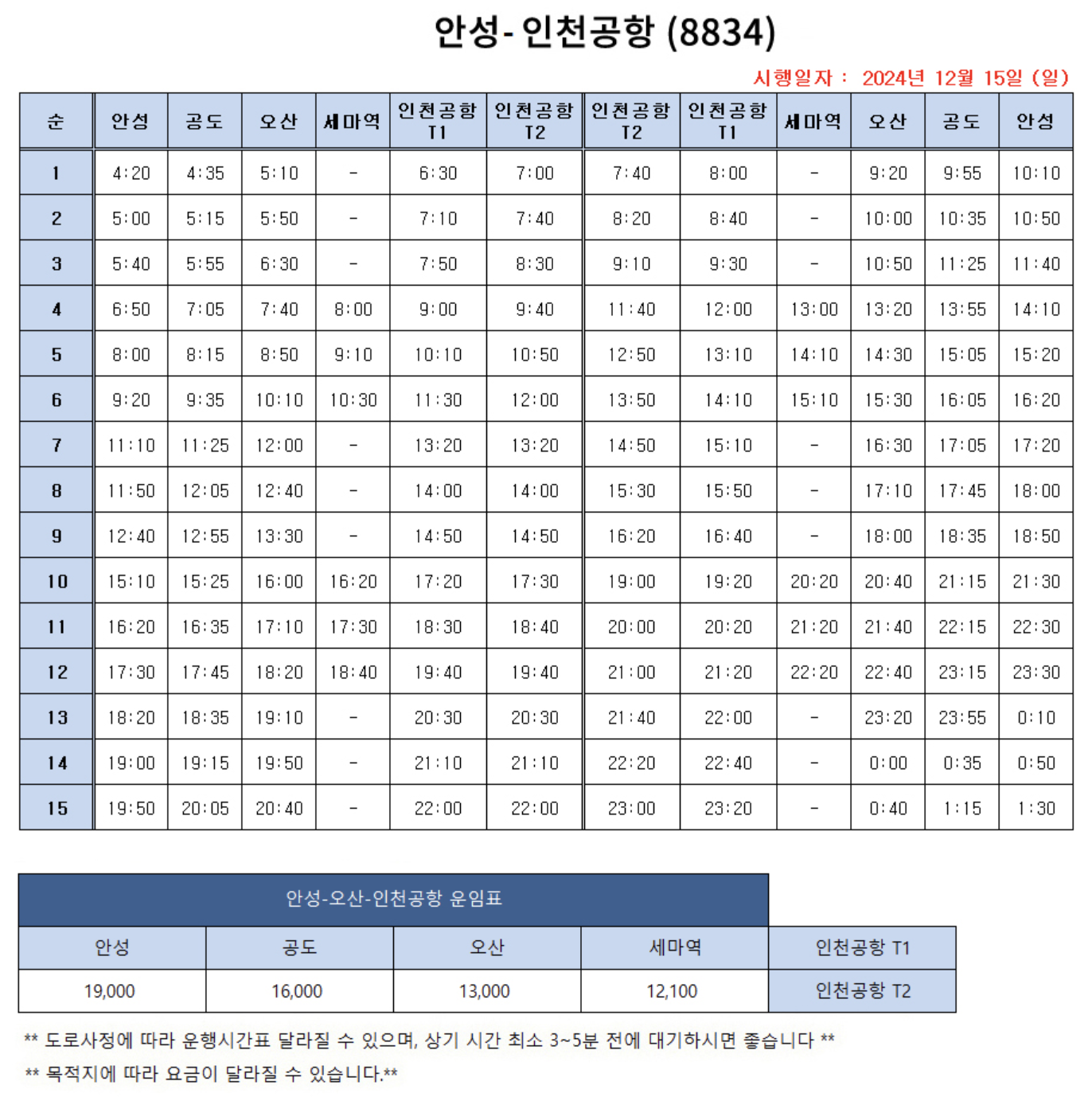 공항 버스 시간표 (8822, 8829, 8834, 8837, 8840, 8842, 8843, 8844, 8864번) 2025년 최신