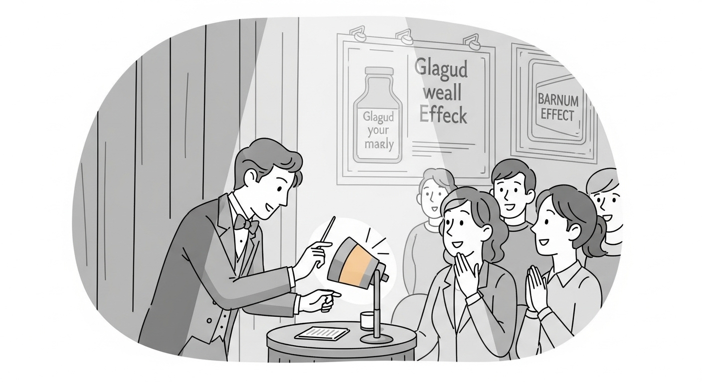 점술가가 관객에게 콜드 리딩을 하는 모습과 마케팅 문구가 배경으로 보이는 삽화.