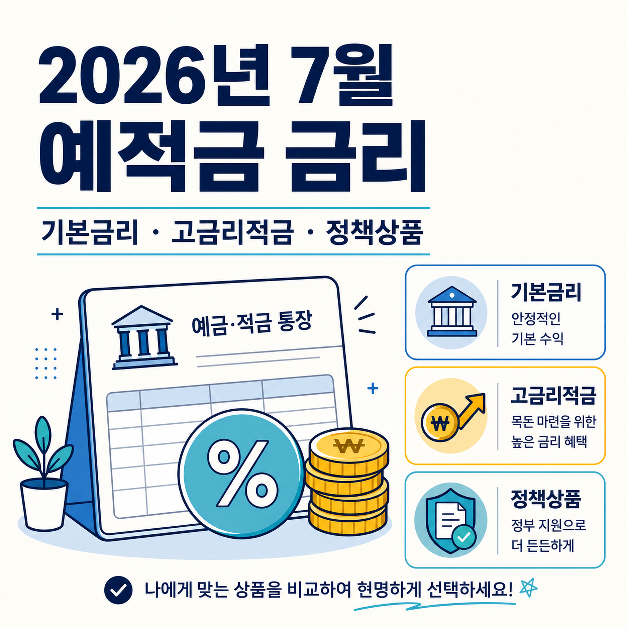 2026년 7월 예적금 금리를 기본금리, 고금리적금, 정책상품으로 나누어 소개한 금융 인포그래픽