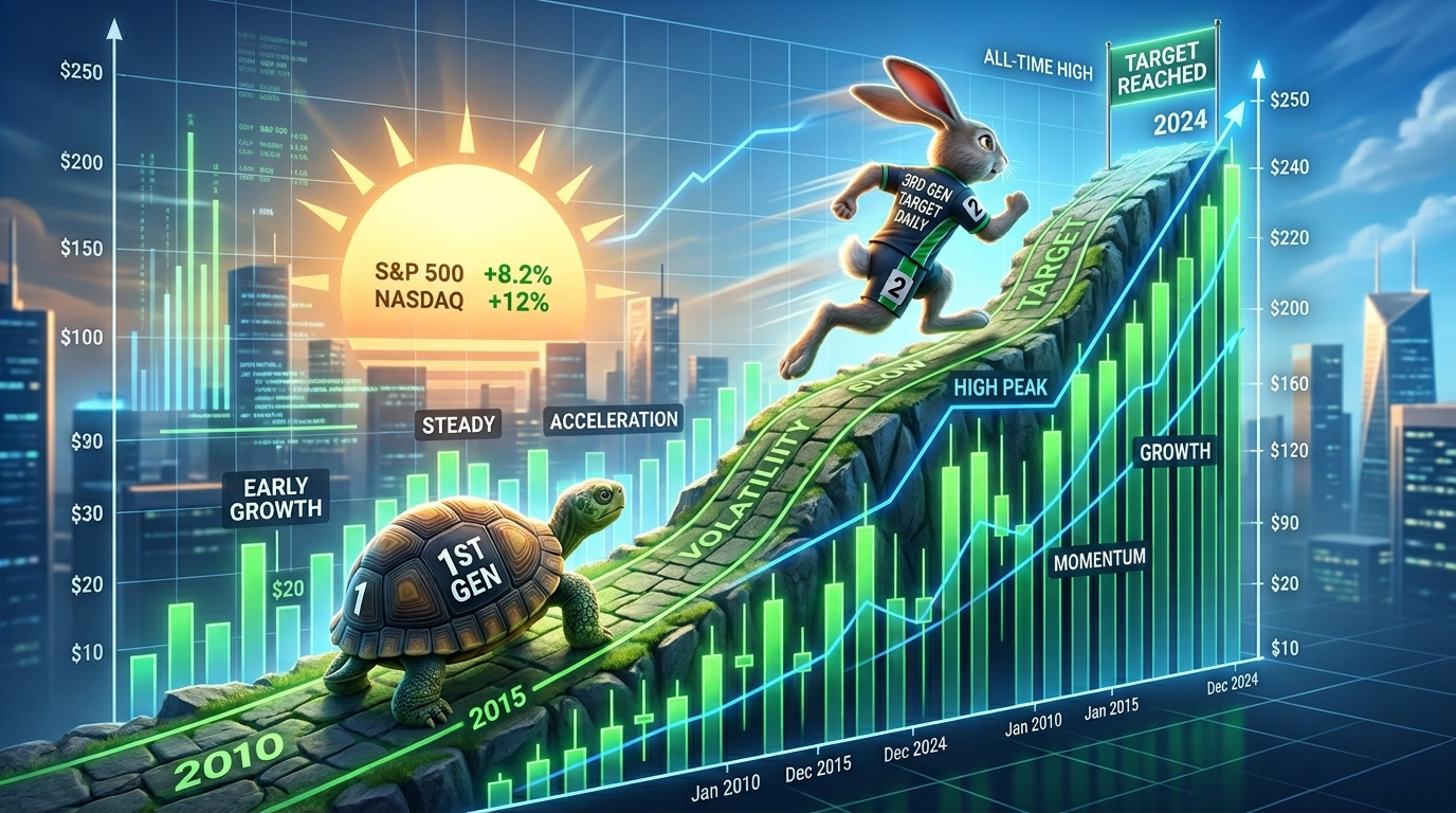 1세대 커버드콜(거북이)과 3세대 타깃데일리(토끼)가 상승장 언덕을 오르는 비교 차트. 3세대가 지수 상승을 약 90% 따라가는 시각적 그래프