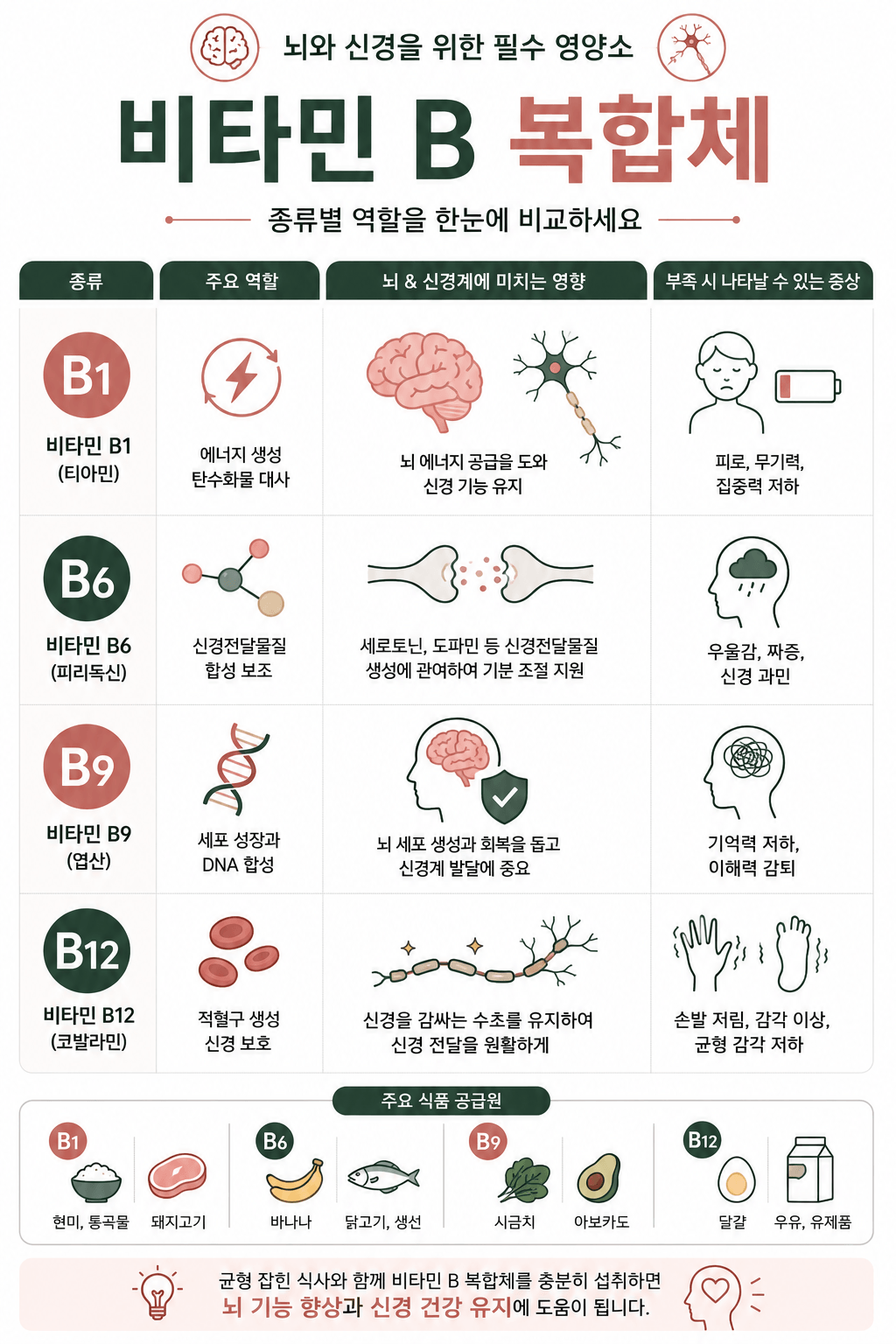멘탈 관리에 필요한 비타민 B군 종류별 효능을 정리한 인포그래픽