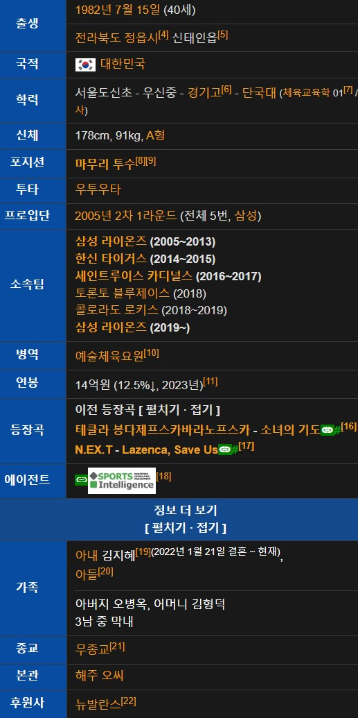 오승환 프로필 나이 결혼 고향 성적