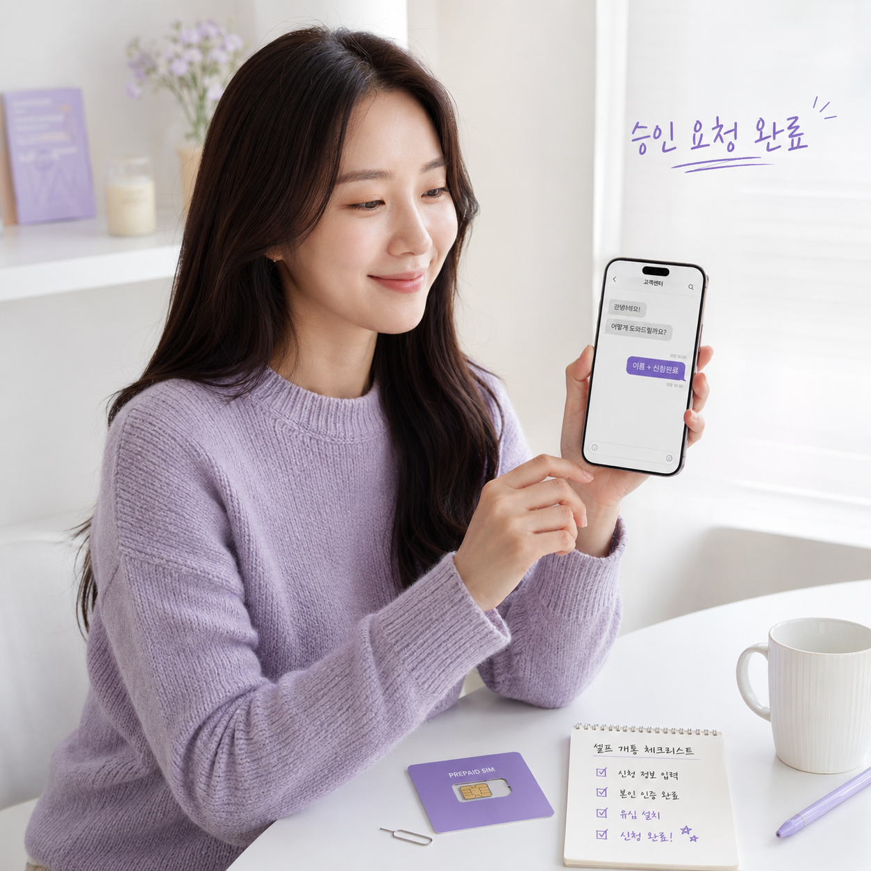 조아통신 채널에 이름과 신청완료 메시지를 보내 앤텔레콤 선불폰 개통 승인을 요청하는 화면