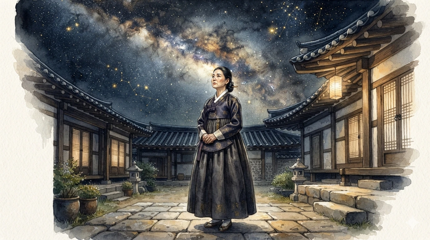 밤하늘의 은하수를 경외하며 바라보는 한국인 여성의 수채화 이미지를 통해 천살의 천명 의식을 표현