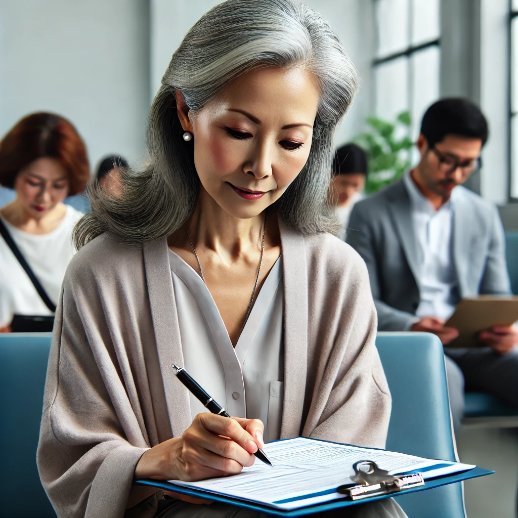 병원에서 보험서류 작성하는 여성
