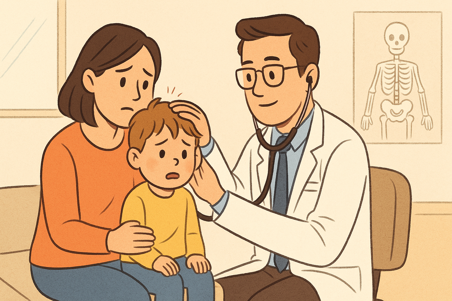 병원에서 의사에게 진료받는 아이와 걱정하는 엄마의 일러스트 – 어린이 두부 외상 진찰 상황