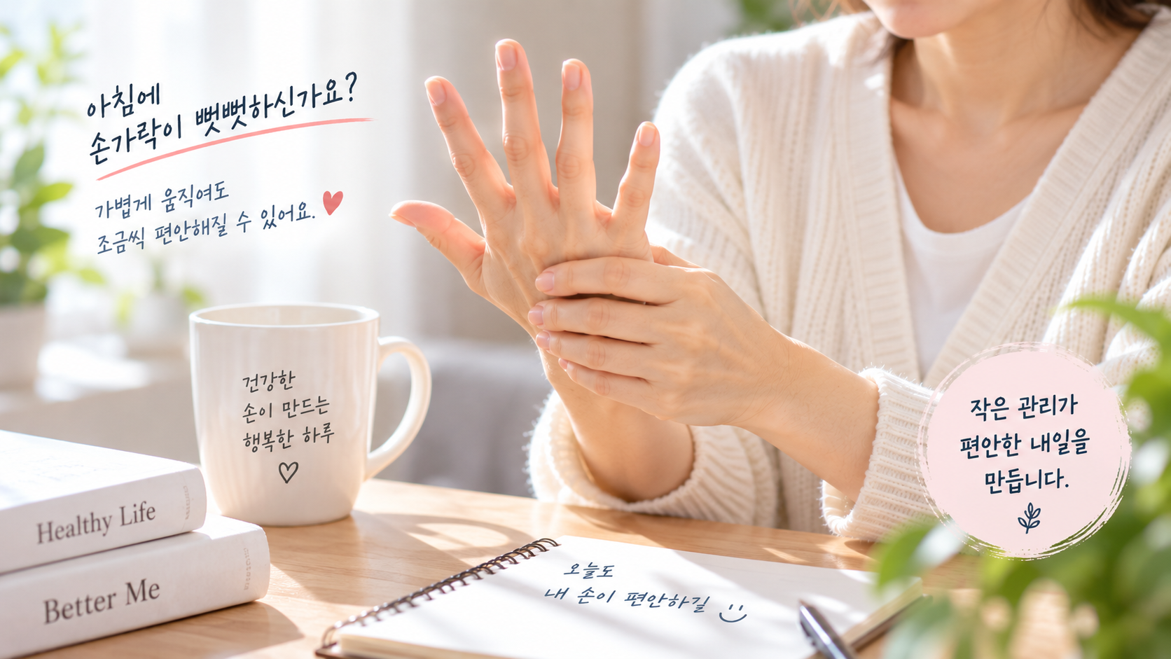 아침 손가락 관절의 뻣뻣함을 확인하며 가볍게 손을 움직이는 생활 모습