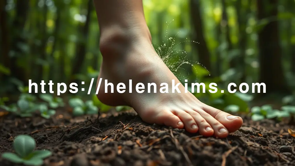 푸른 숲이나 촉촉한 흙 위, 맨발이 부드럽게 닿아 있는 모습. 
발바닥에서 미세하게 빛나는 에너지가 땅으로부터 흡수되고, 동시에 탁한 색의 미세한 입자들(활성산소 상징)이 발을 통해 땅으로 빠져나가는 모습