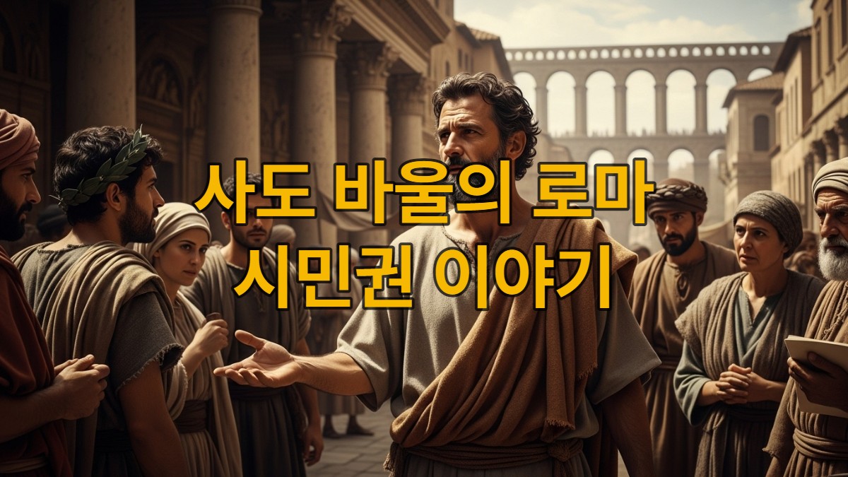 로마 포럼에서 열정적으로 설교하는 사도 바울의 모습. 주변에는 로마 시민들과 다양한 사람들이 그의 말을 경청하고 있으며, 뒤로는 웅장한 로마 건축물이 펼쳐져 있습니다.