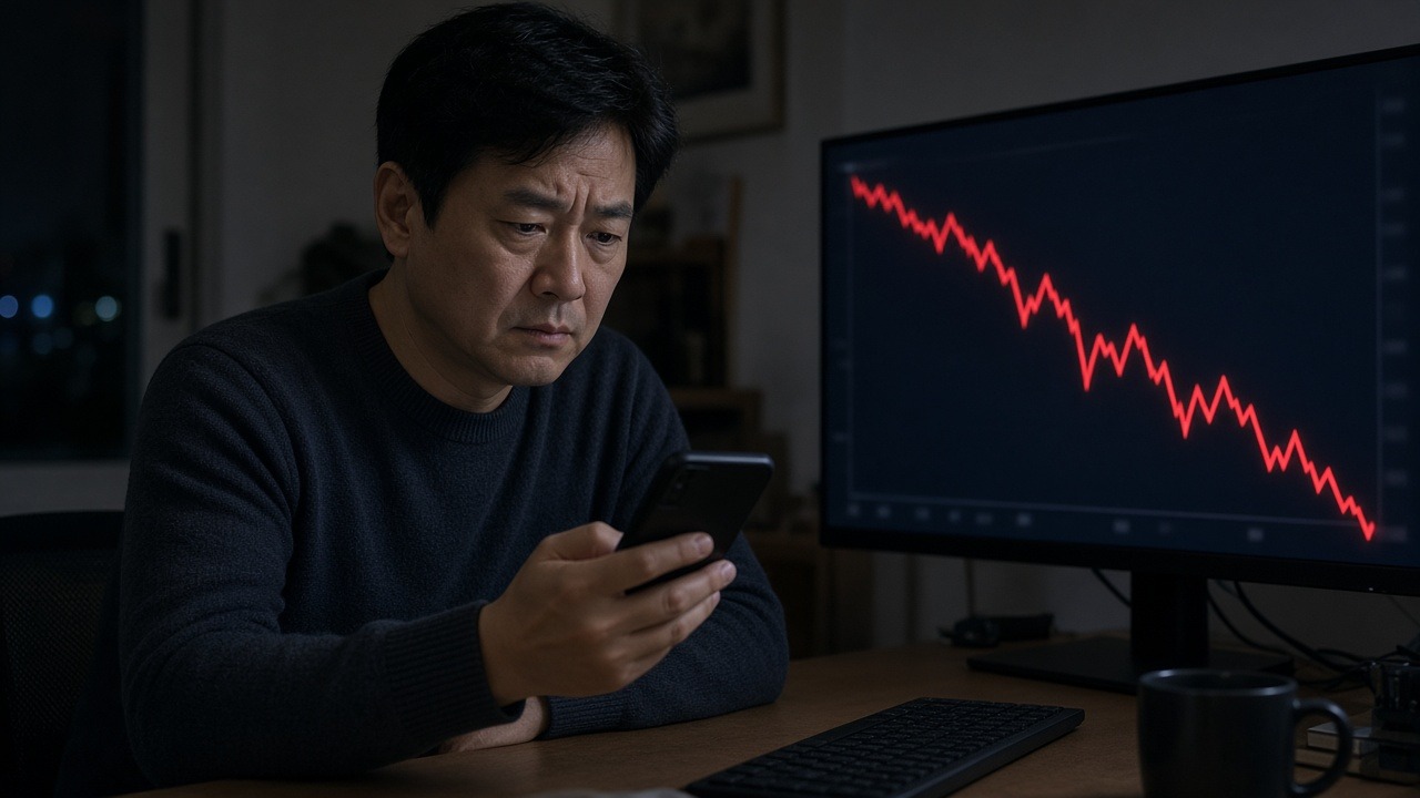모니터 주가 하락 차트를 보며 휴대폰 담보 부족 알림을 확인하는 개인 투자자