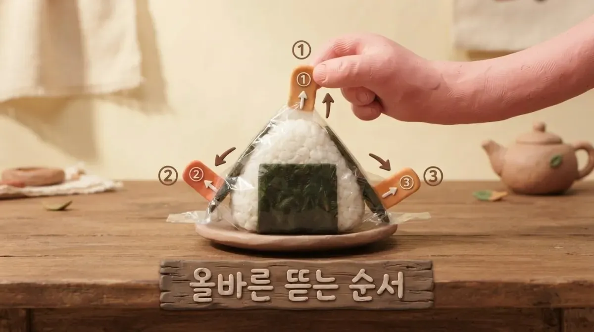 삼각김밥 올바른 뜯는 순서 가이드 - 1번 2번 3번 번호 탭을 순서대로 당기는 과정을 보여주는 클레이 애니메이션