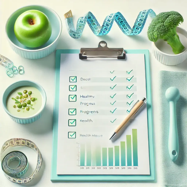 다이어트 성공 분석을 상징하는 체크리스트, 그래프, 건강식 세팅