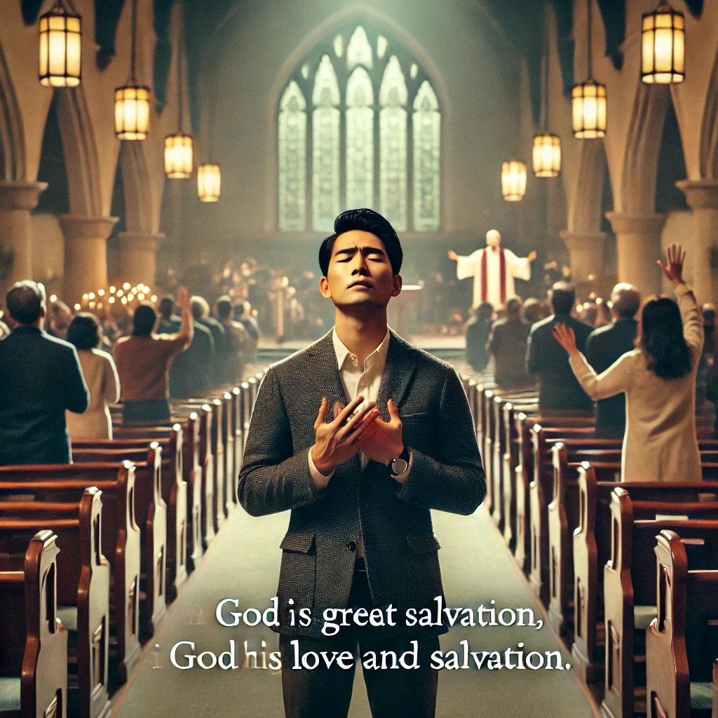Here is the depiction of a man inspired by Psalm 74&amp;#44; worshipping during a Sunday gathering with deep reverence and gratitude. The scene reflects his heartfelt praise and focus on God&amp;#39;s great salvation&amp;#44; showing his desire to participate in worship with sincerity and devotion.