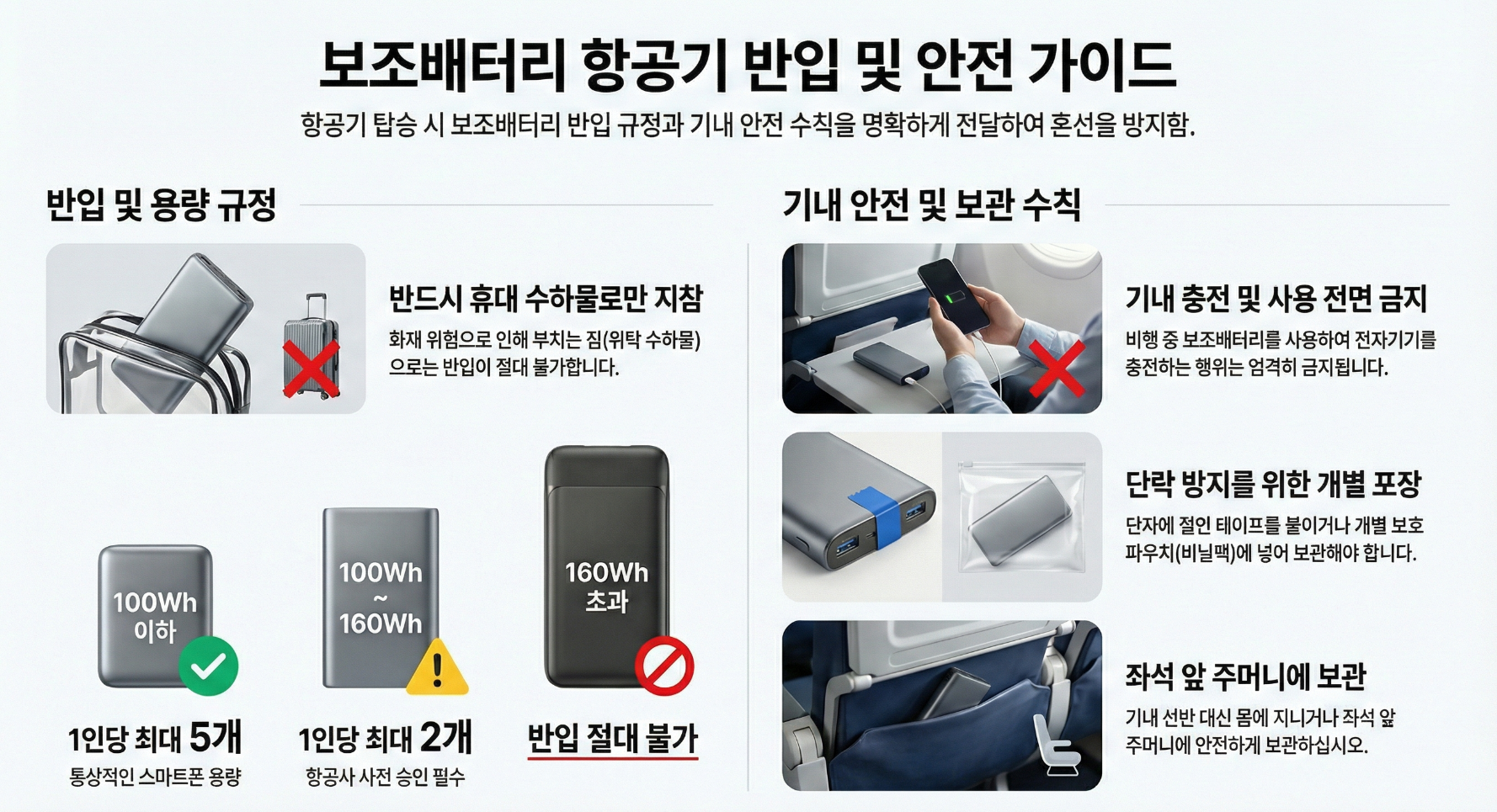 보조배터리 항공기 반입 및 안전 가이드 인포그래픽