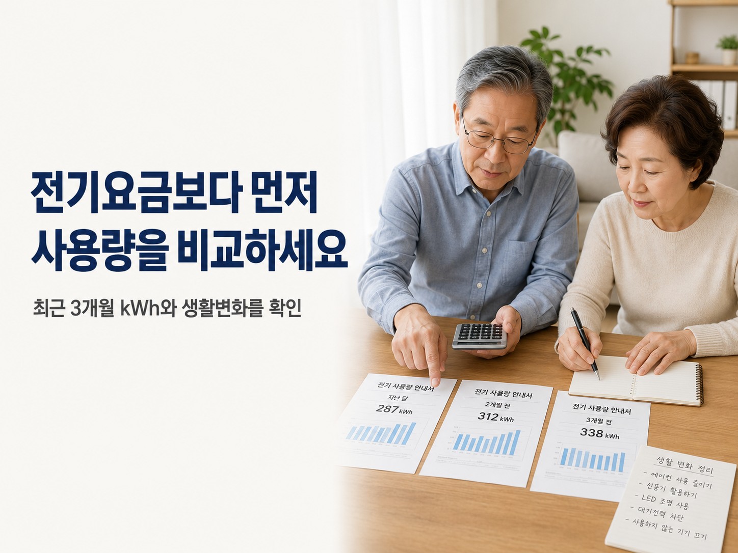60대 한국인 부부가 최근 3개월 전기요금 고지서를 식탁에 펼쳐 놓고 월별 사용량과 에어컨 사용시간을 표로 정리하는 실사형 이미지