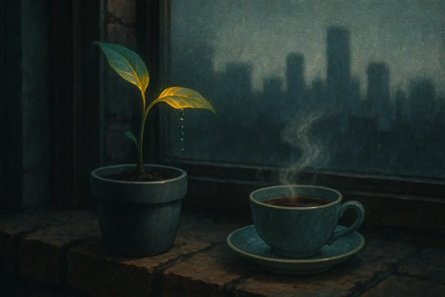 창가에 놓인 화분과 따뜻한 커피잔, 빗물에 젖은 잎과 김이 나는 컵이 회복의 고요함을 표현함