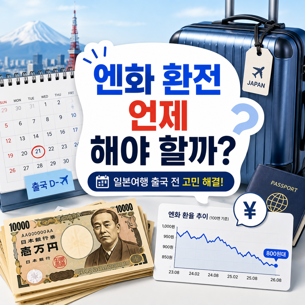 엔화 환전 타이밍과 일본여행 출국 전 환전 시점을 보여주는 이미지